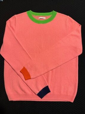 Frances Valentine Pink Crewneck Sweater with Green Neckline and Contrast Cuffs
